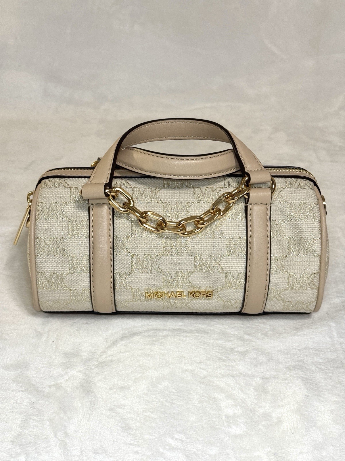 Michael Kors Logo Jacquard Zooey Small Barrel Crossbody Natural Multi Beige