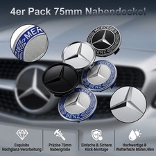 Neu 4 x 75mm für Mercedes-Benz Schwarz Chrom Nabendeckel Nabenkappen Radkappen