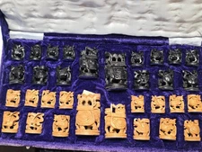 Vintage Indian Hand Carved Wood Chess Set • Maharaja Elephant Pieces • Boxed
