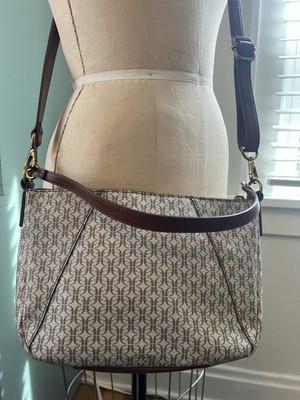 Fossil Skylar Crossbody Purse neutral monogram logo print and brown leather EUC