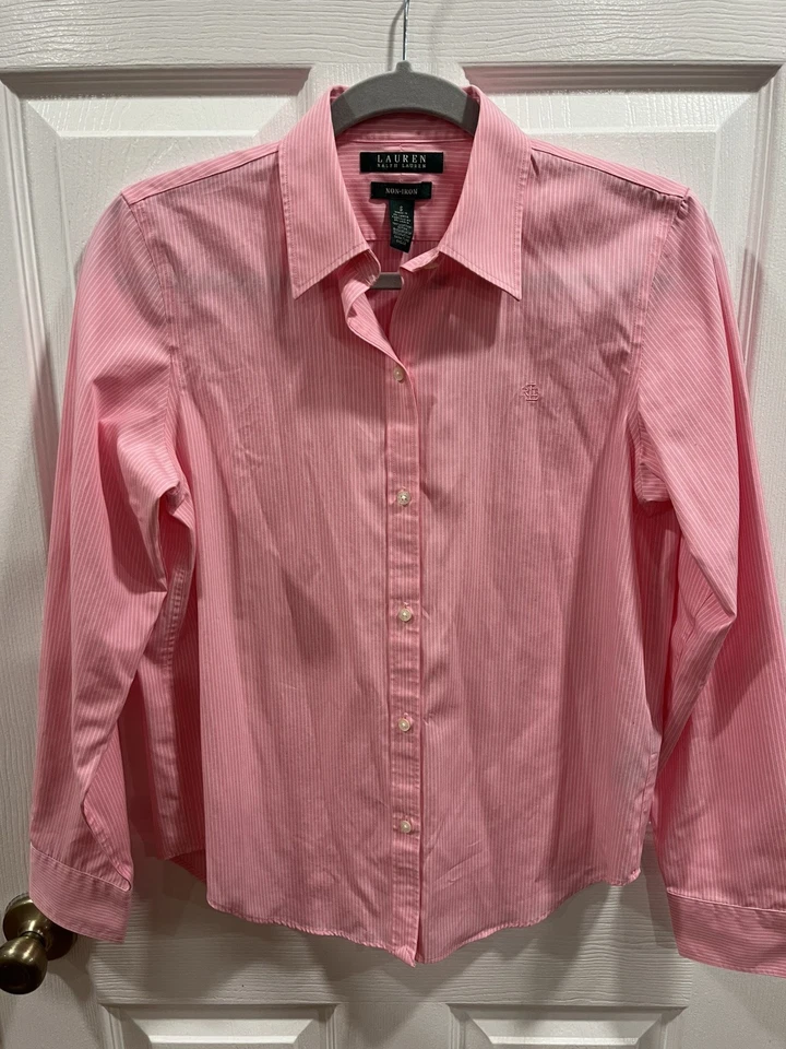 Lauren Ralph Lauren Pink White Stripe Non Iron Button Down Shirt Women's Small - Image 1 of 4