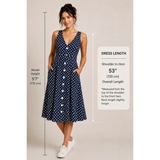Navy Polka Dot Rockabilly Pinafore Cotton Button Front Belted Midi Dress
