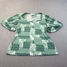 Lauren Conrad Shirt Womens Large Green Floral Puff Sleeves V Neck Short Sleeve