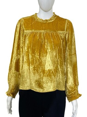 Ulla Johnson Damen Samt Langarm Rüschen Gold Bluse Tunika Oberteil Größe M 4