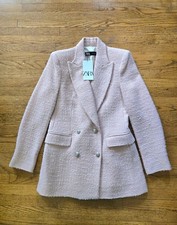 Zara Womens Pink Tweed Wool Blend Double Breasted Blazer Jacket Size Large NWT
