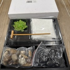 Nature's Mark Mini Zen Garden Kit Desk Decor Divided Tray White Sand Rocks Rake