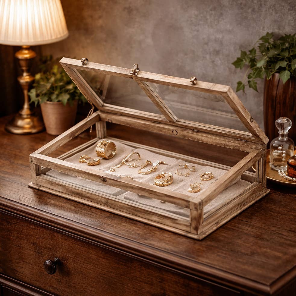 Wood Glass Tabletop Display Case Rustic Antique Style
