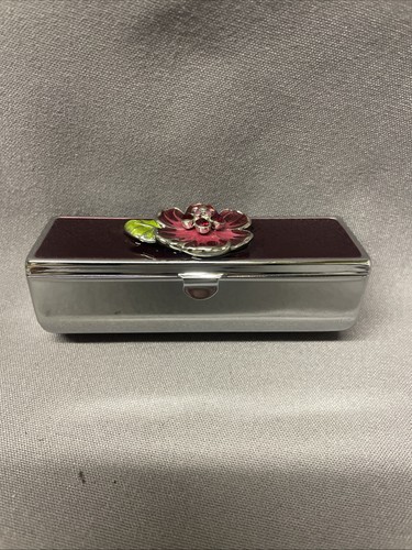 Pocket Compact Silver Tone Metal Smaltato, Cerniera Gioiellata Porta Rossetto NOS - Foto 2 di 3