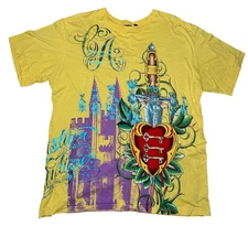 Christian Audigier Ed Hardy Mens Yellow Graphic Shirt Castle Heart Dagger XL Y2K
