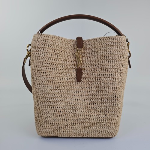 Saint Laurent Le 37 Medium $3200 Naturel/Brown Raffia Bucket Bag New & Authentic