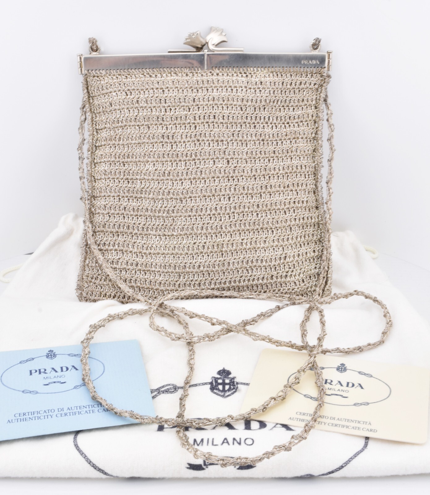 Prada Lux Woven Silver Argento Crossbody Shoulder Bag with COA