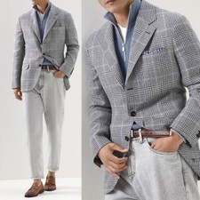 Men Gray Check Suit Single Breasted Jacket Notch Lapel Business Modern Custom