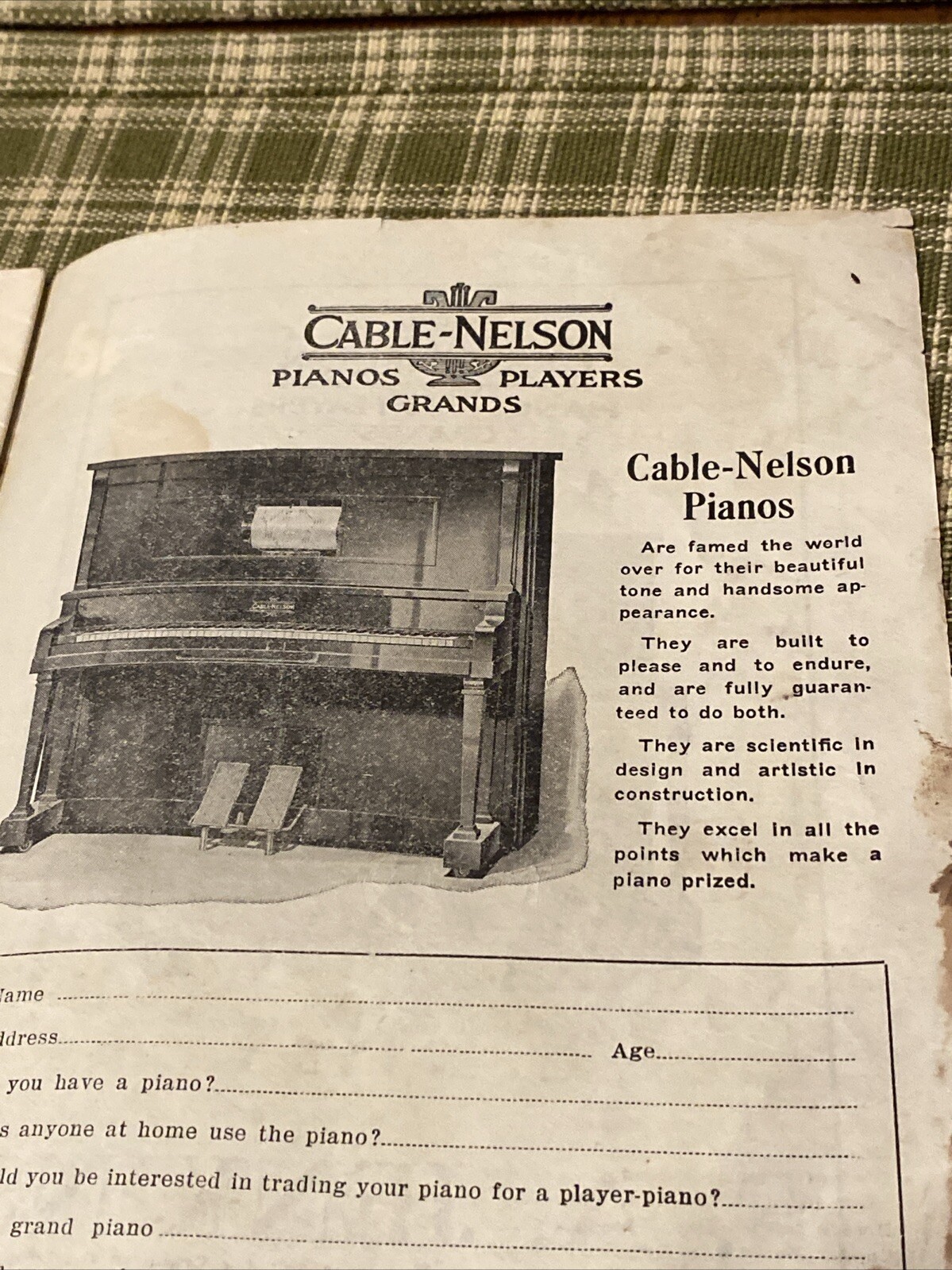 Antique 1908 Cable Nelson Piano Co FA Jenkins Honesdale Sheet Music Advertising