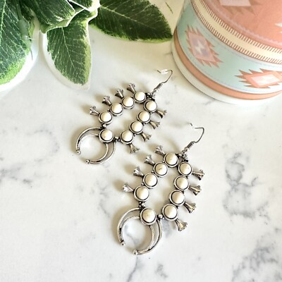Silver & White Stone Squash Blossom Earrings Bohemian Southwestern Boho Gift NEW