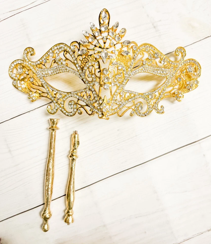 Máscara de Mascarada de Cristal Transparente con Palo, Máscara de Mascarada Dorada, Fiesta de Boda Foto 4 de 4