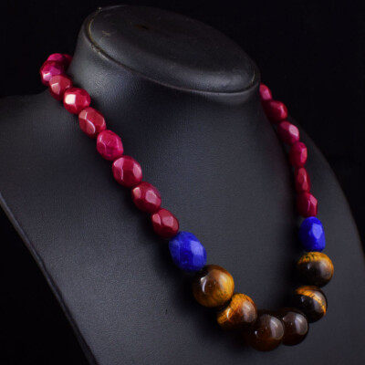 461 Cts Earth Mined Ruby & Tiger Eye Beaded Womens Necklace Jewelry JK 01E406