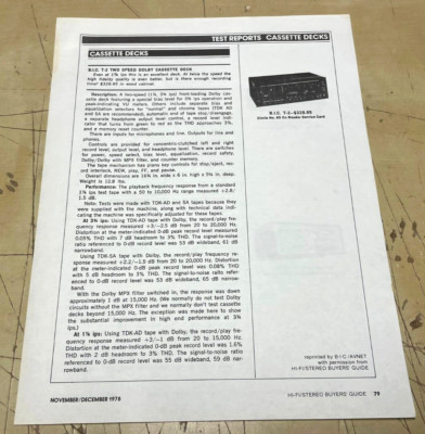 Vtg Hi-Fi Stereo Buyer's Guide Cassette Decks Test Reports 1-Pg Print Sansui BIC