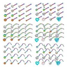 16-48pcs CZ/Opal Nose Rings Bone L Screw Studs Kit Surgical Steel Piercing 20G