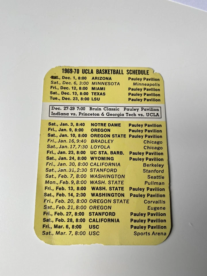 Vintage NCAA UCLA Bruins Mens Basketball Basketball Schedule 1969-70 John Wooden - Image 2 of 2