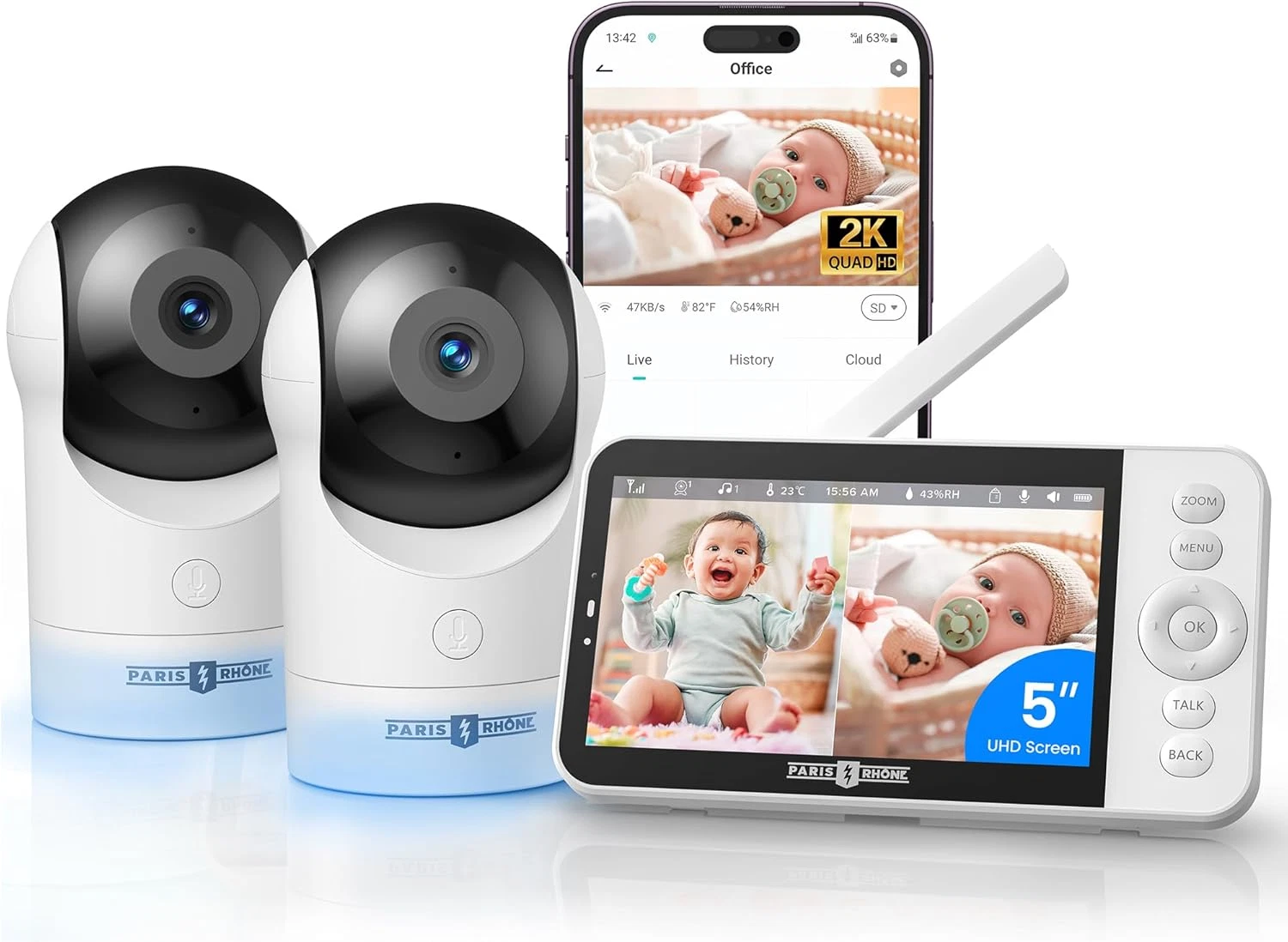 2K Split-Screen Baby Monitor, 5” Smart Video Baby Monitor with 2 Cameras, Dual W