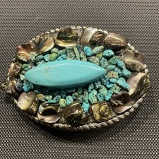Western Real Turquoise Stones Belt Buckle 3 7/8  X 2 3/4  