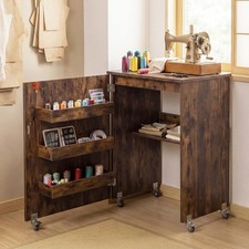 Folding Sewing Table Mobile Sewing Machine Desk with Storage Shelf Brown