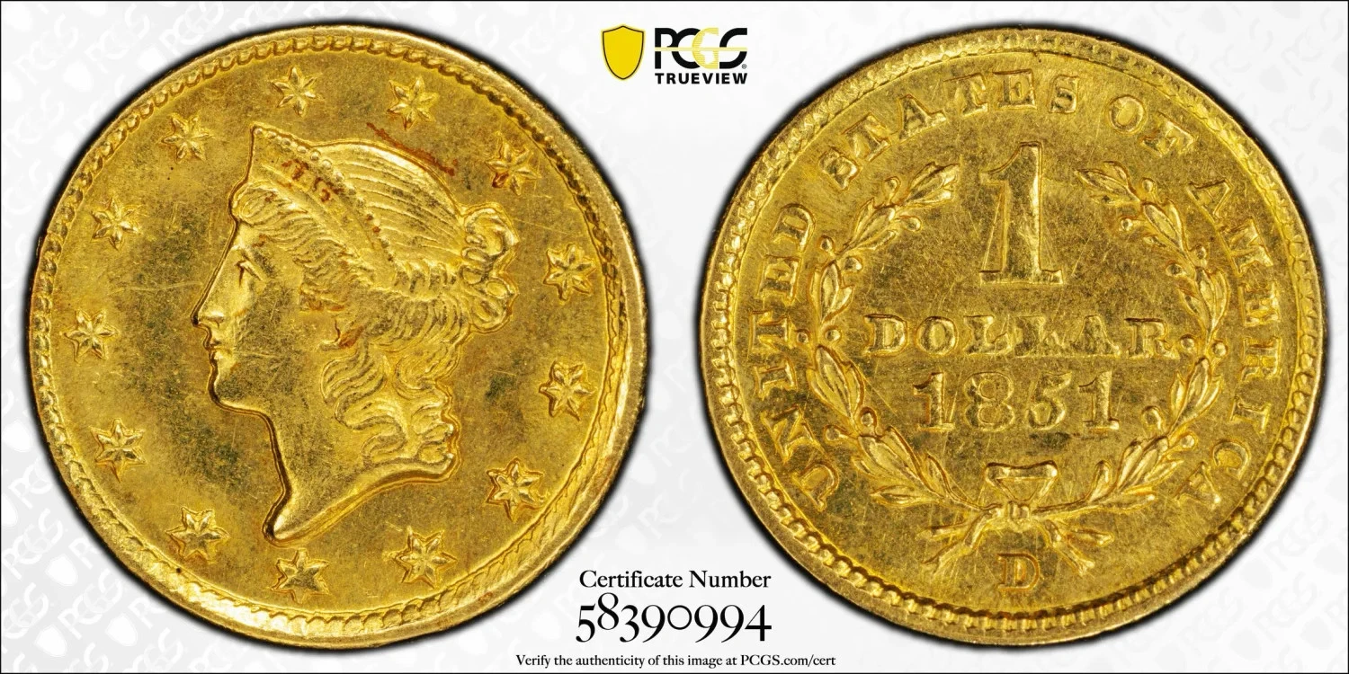 1851-D G$1 Gold Liberty PCGS MS62 Gold Dollar 58390994
