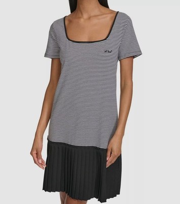 Karl Lagerfeld Paris Women's Black Striped Pleated Hem Tee Dress Size XS