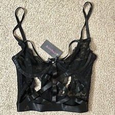 Body Rage Black Lace Rhinestone Bustier Corset Bra Small BNWT