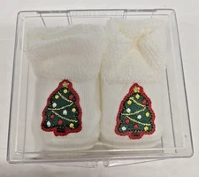 Socks/Booties W/Applique With Christmas Trees By Two Feet Ahead 0-3 Mos White,