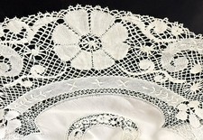 Antique Round Linen Tablecloth with Handmade Crochet and Needle Lace  ZZ625