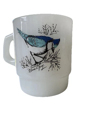 Vintage Anchor Hocking Glass Fire King Blue Jay & Baltimore Oriole Birds Mug Cup