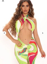 Fashion Nova Woman Neon Swirl Cut Out Halter Mini Dress Size M New