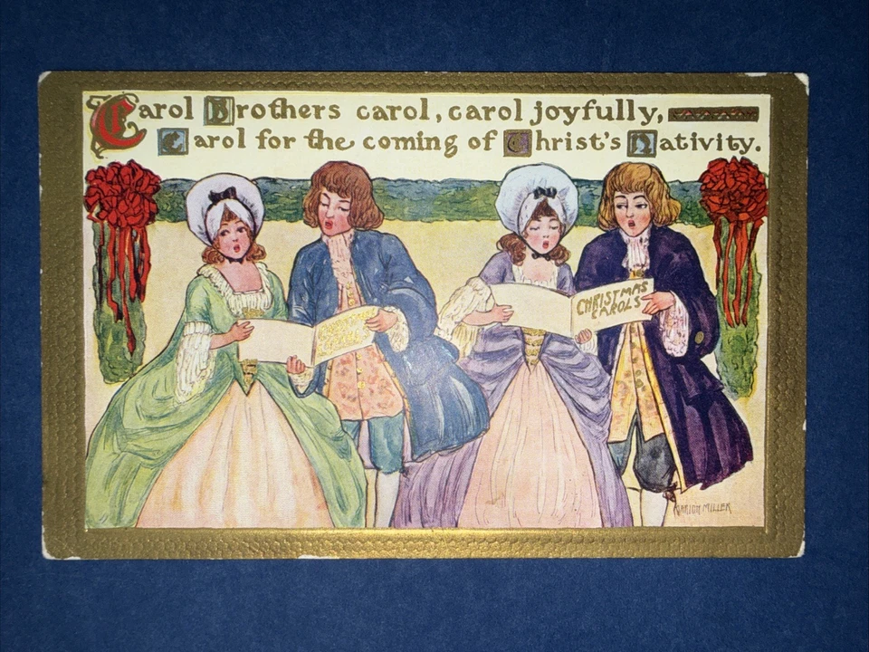 5 bonitas postales antiguas de Navidad para damas y familias. EMB. Oro. Colorido. Foto 3 de 4