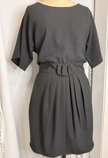 Ganni Black Crepe Sheath Dress Boat Neck Pleated Waist Button Back S
