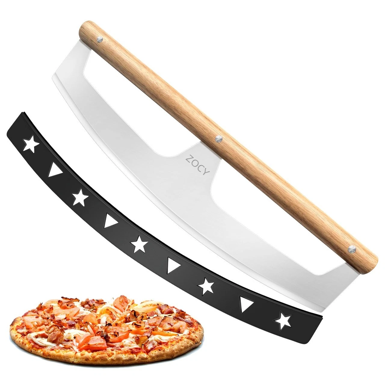 Pizza Cutter Rocker with Wooden Handles & Protective Cover by Zocy, 16" Sharp St