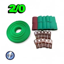 2/0 Car Audio Bare Copper Battery Cable Lug Braid kit NEON GREEN