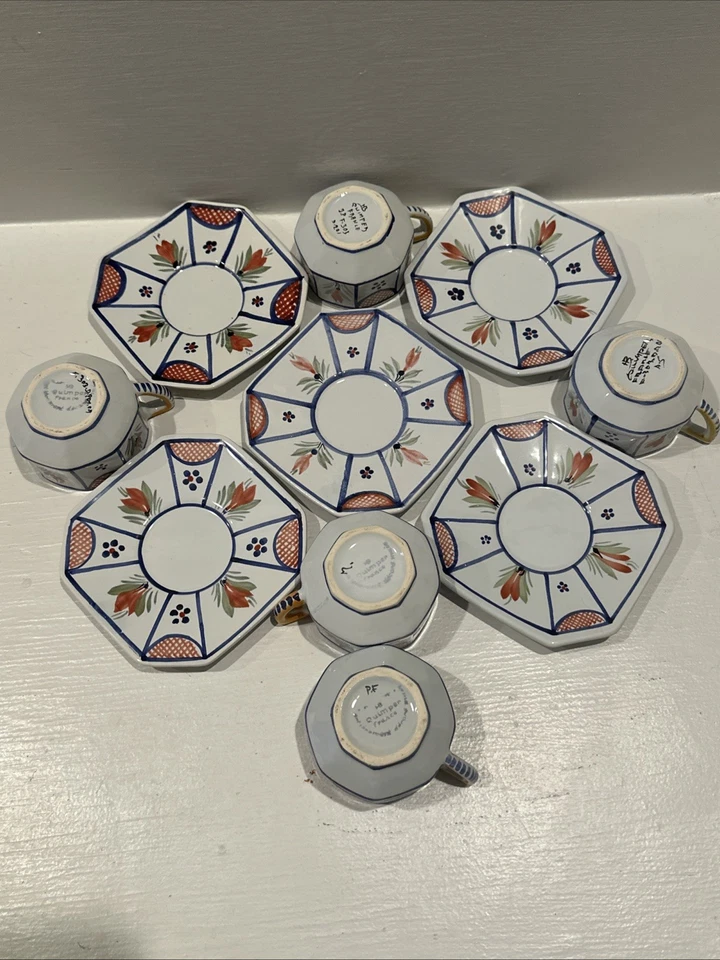 HB Quimper France Hand Painted Demitasse Cups & Saucers Five Cups Five Saucers - Image 4 of 4
