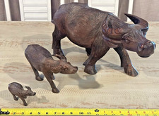 Set of 3 Vintage Chinese Hand Carved Wooden Water Buffalo - LARGE 18 in x 10 in