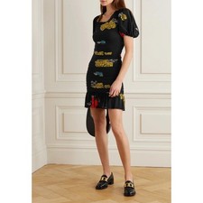 GANNI Ruched Mesh Floral Print Dress Women 40 Black Puff Sleeve Ruffle Hem Mini
