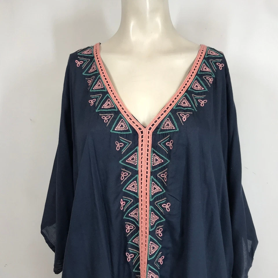 ONeill Blue Embroidered V Neck Cold Shoulder Tunic Cover Up Beach Dress XL - Image 2 of 4