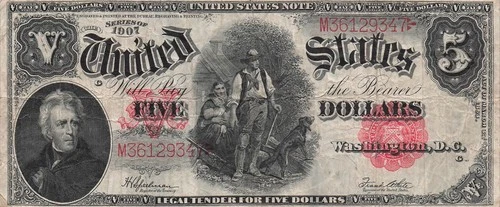 USA   $5   Series of 1907  Woodchopper  Block M  Circulated Banknote LB Tm