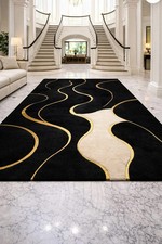 Hand-Tufted Wool Area Rug Black Gold Abstract Flowing Lines Designer Carpet