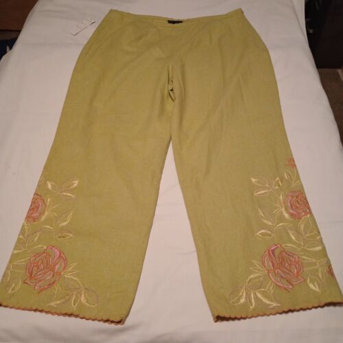 Karen Arnold Women Size XL Capri Pants Lime Linen Blend Wide Leg Embroidered New