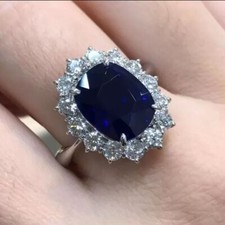 4ct Cushion Lab Created Blue Sapphire Halo Engagement Ring 14K White Gold Plated