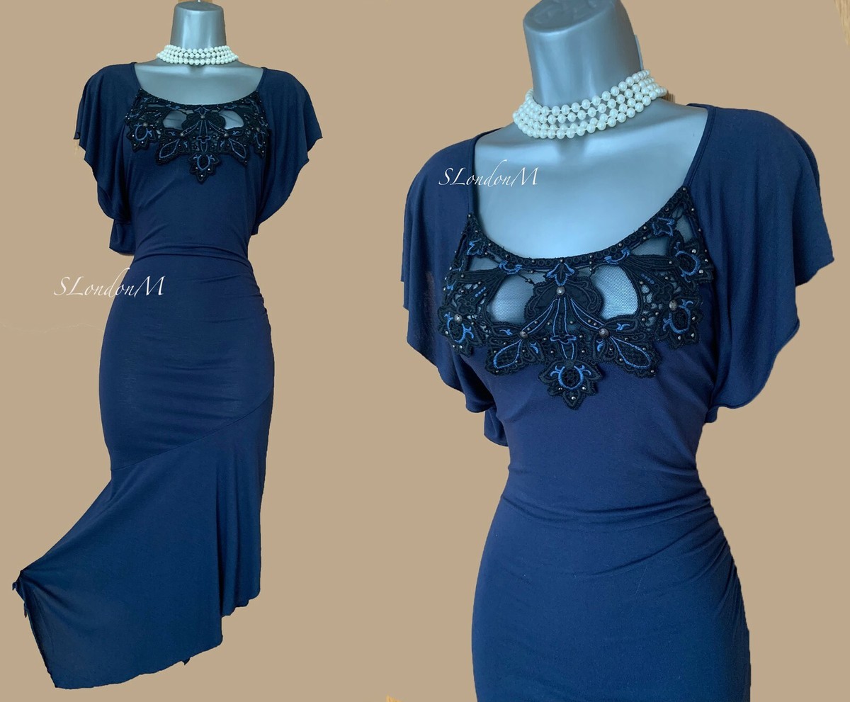 ◆KAREN MILLEN◆ フリルショルダーミディドレス / navy Karen Millen UK 10 Dark Blue Embellished Front Drape Sleeve