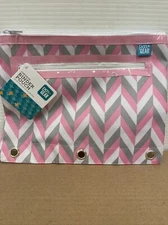 Pink/White/Grey Chevron Design 3 Ring Binder Pen Pouch by Pen+Gear. 2 zippers.