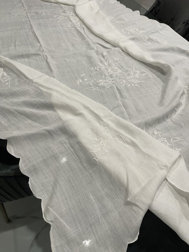 Embroidered Linen Tablecloth Semi Sheer Handwork Floral Antique - Picture 7 of 16