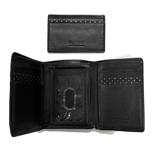 Buxton Lot of 2 Black Mens Trifold Leather Wallet & Slim Front Pocket ID - Picture 1 of 10