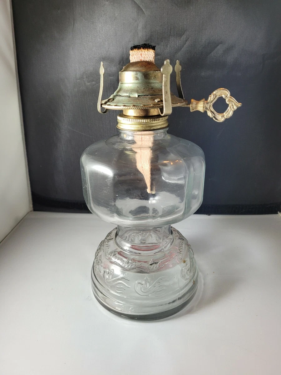 Vintage Hurricane Pedestal Oil Lamp Clear Pressed Glass Vine Scroll